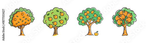 Collection of four cartoon orange trees with ripe citrus fruit