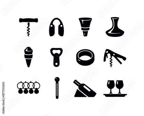 Wine Icons Set. Wine accessories. Solid icon set of wine accessories: corkscrew, foil cutter, aerator, decanter, wine stopper, bottle opener, drip ring, wine