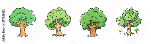 Group of four cartoon oak trees with lush green foliage