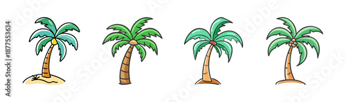 Set of four cartoon palm trees on white background, tropical illustration