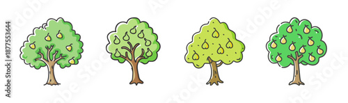 Four cartoon pear trees with ripe pears, isolated on white background