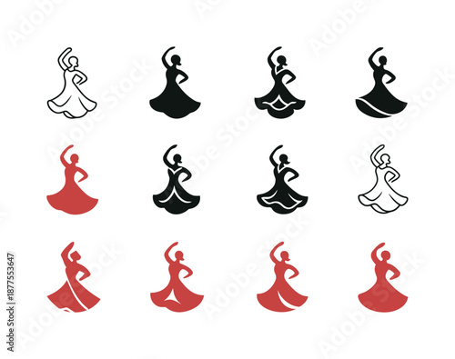 Diverse Dance Logos. Dance. Icon set. Set Logo of dance: flamenco dress swirl. harmonious logo variations of the same emblematic concept, each with different