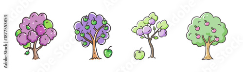Collection of four stylized plum and apple trees with fruit