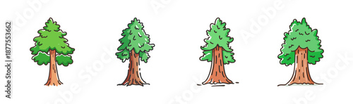 Group of four cartoon redwood trees with green foliage