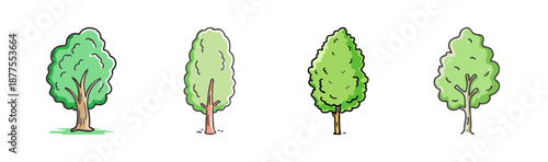 Set of four stylized poplar trees in various green shades