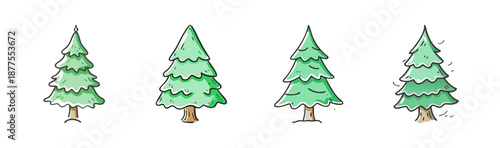 Set of four hand-drawn spruce trees with watercolor texture