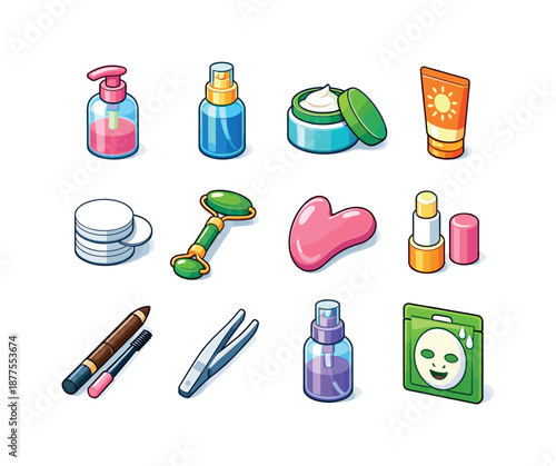 Beauty Essentials Icons. beauty essentials. Colorful isometric vector icons set of beauty essentials: cleanser bottle, toner spray, moisturizer jar, sunscreen