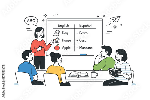 Language Classroom Illustration. Language learning group classroom. Teacher or facilitator guiding a small group through vocabulary on a board. Clear