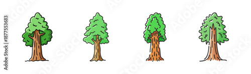 Collection of four stylized sequoia trees with green tops