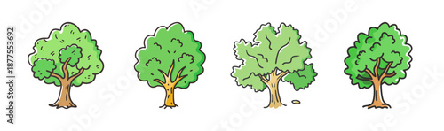 Four cartoon sycamore trees with lush green foliage and watercolor effect