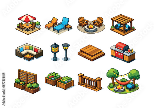 Colorful Outdoor Icons. Outdoor Living. Colorful isometric vector icons set of Outdoor Living: backyard patio, lounge chairs, fire pit area, pergola shade,