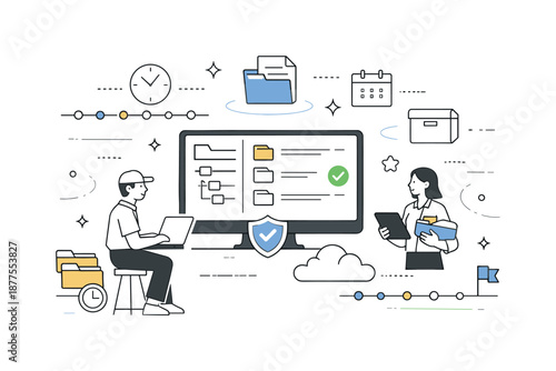 Digital Archiving Harmony. Digital archiving system overview. Archivists managing organized digital files on a central platform. Order and long-term