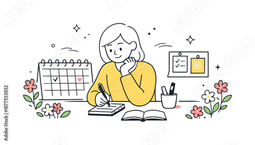 Spring Goal Planning. Spring planning illustration. A calm character organizing notes and a calendar with small flowers and leaves around. The scene suggests