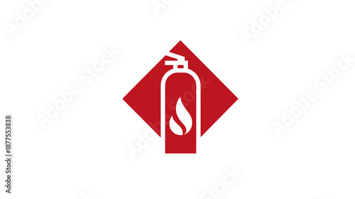 A red fire extinguisher graphic is presented on a white backdrop, superimposed on a red diamond