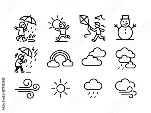 Weather Icon Set. Weather fun. Line icon set of Weather fun: rainy play, sunny hop, windy kite, snowy snowman, stormy umbrella, rainbow arc, cloud shapes,
