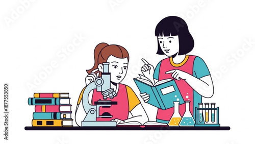 Two Girls Studying Books at Desk in Classroom
