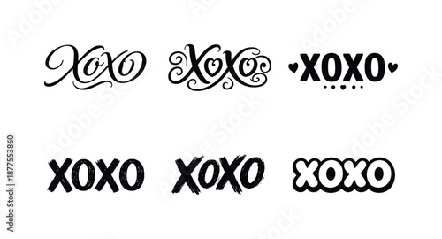 Hugs and Kisses Variations. Hugs and kisses XOXO. Set lettering. harmonious lettering variations of the same emblematic concept, each with different artistic