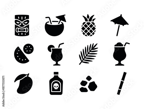 Tropical Cocktail Icons. Tropical cocktails. Solid icon set of tropical cocktails: tiki mug, coconut drink, pineapple cup, paper umbrella, tropical fruit icon,