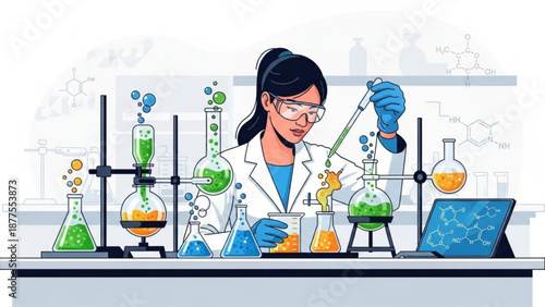 Female Scientist Working in Laboratory with Beakers and Laptop