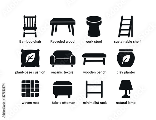 Eco-Friendly Furniture Icons. Eco-conscious furniture. Solid icon set of eco-conscious furniture: bamboo chair, recycled wood table, cork stool, sustainable