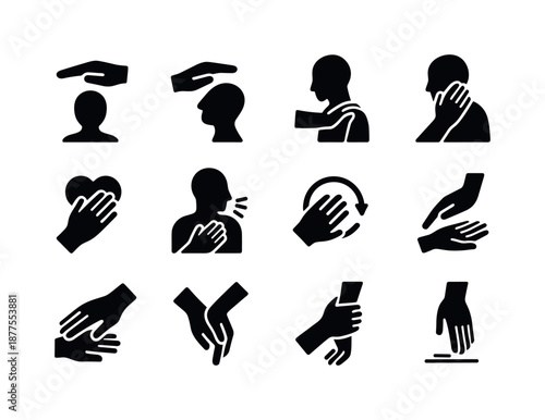 Therapeutic Gesture Icons. Therapeutic touch. Solid icon set of treatment gestures: palm hover, comforting hand, shoulder support, forehead touch, hand on