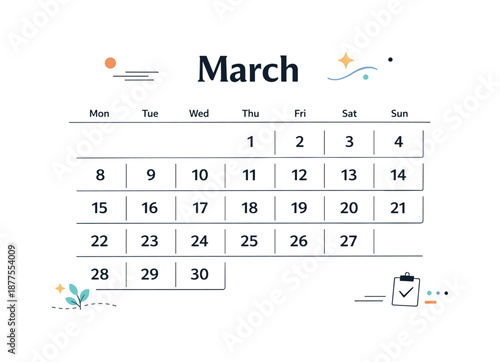 March Minimalist Calendar. March calendar graphics and templates. A minimalist weekly calendar view for March with tidy date blocks and subtle motion lines,