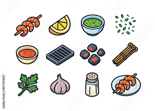 Shrimp Skewer Icons. Shrimp skewers. Colorful isometric vector icons set of shrimp skewers: grilled shrimp skewer, lemon wedge, marinade bowl, herb sprinkle,