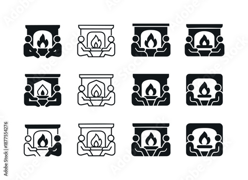 Fireplace Icon Variations. People enjoying a warm fire in the fireplace. Icon set. Set Logo of people enjoying a warm fire in the fireplace: group by hearth.