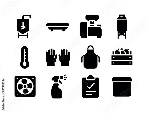Food Processing Icons. Food processing plant. Solid icon set of food processing plant: mixing tank, conveyor tray, packaging machine, silo, temperature gauge,
