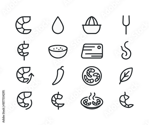 Shrimp Skewer Icons. Shrimp skewers. Line icon set of shrimp skewers: shrimp tail curve, marinade droplet, citrus press icon, grill fork, shrimp duo skewer,