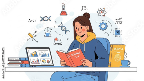 Brunette Woman Studying with Laptop and Books in Modern Office