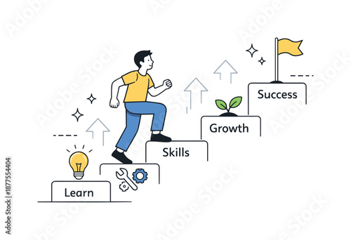 Steady Growth Journey. Continuous improvement. Person climbing small steps made of ideas and skills, symbolizing steady personal growth. Light dynamic feeling