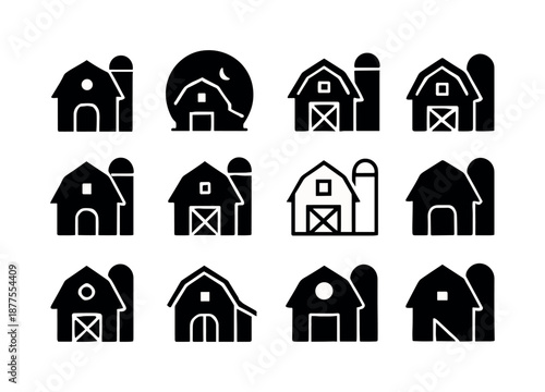 Barn Silo Icons. Barn and silo. Icon set. Set Logo of Barn and silo: Nighttime barn silhouette: Flat solid, Symmetrical form, Iconic shape, Abstract geometric,
