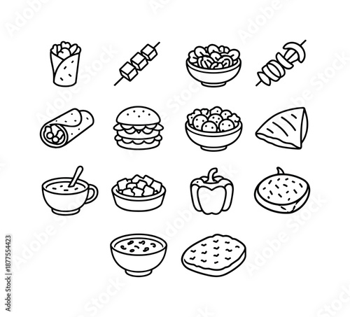 Vegetarian Food Icons. Street food. Line icon set of vegetarian street foods: veggie wrap, tofu skewer, salad bowl, grilled vegetables, hummus wrap, veggie