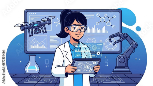 Female Scientist Holding Tablet in Modern Laboratory with Robot Arm and Drone