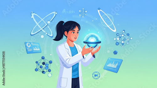 Female Scientist Examining Virtual Globe with Infographics