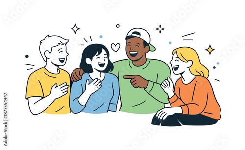 Joyful Friendship Scene. Cheerful group of friends. People laughing and interacting freely, sharing positive emotions. Social warmth and relaxed companionship