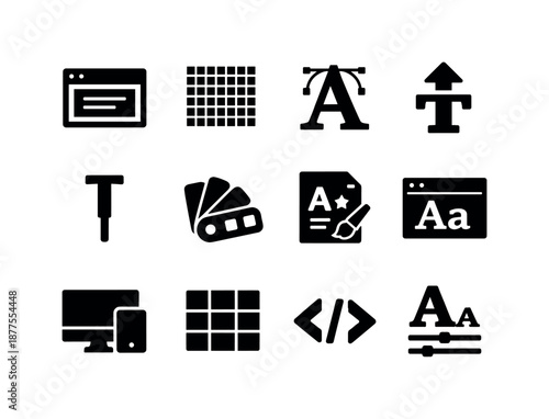 Digital Typography Icons. Digital typography. Solid icon set of digital typography: screen text box, pixel grid, vector letter outline, font upload icon, text