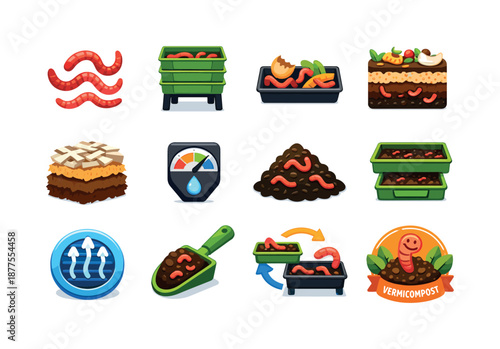 Compost Worm Icons. Compost Worms. Colorful flat vector icons set of Compost Worms: red wigglers, worm bin, compost tray, food scraps layer, bedding materials,