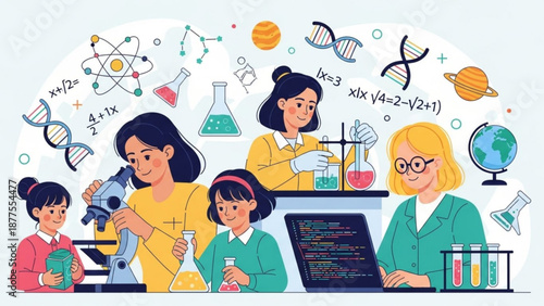 Female Teachers and Students in Science Laboratory with Educational Equipment