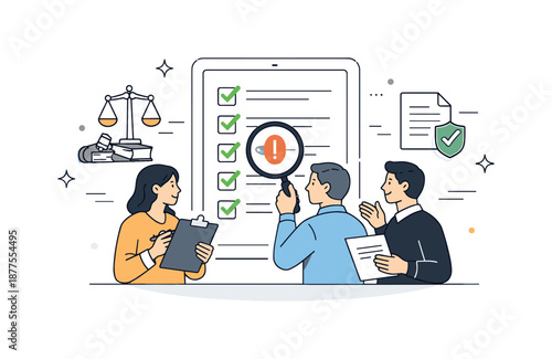 Compliance Team Review. Regulatory compliance process. A team checking requirements on a digital checklist with law and document icons nearby. Careful review