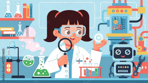 Little Girl Scientist Examining Specimen with Magnifying Glass in Laboratory with Robot
