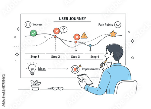 Usability Analysis Journey. Usability analysis. Designer reviewing pain points and success markers on a simplified journey map, identifying improvements.