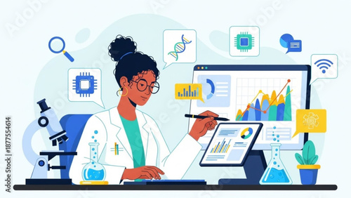 Female Scientist Analyzing Data on Computer in Laboratory