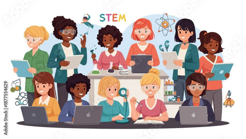 Diverse Group of Students Learning STEM on Laptops in Classroom