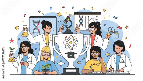 Diverse Scientists Celebrating with Trophy in Laboratory
