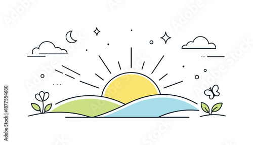 Spring Sunrise Serenity. Spring sunrise scene. Soft morning sun rising above gentle hills, calm pastel sky and fresh spring atmosphere. Light rays and abstract