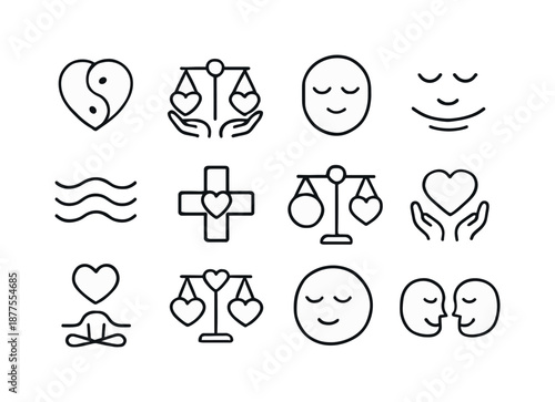 Emotional Balance Icons. Emotional balance. Line icon set of Emotional balance: yin yang heart, shared scale, balanced face, calm waves, centered love, trust