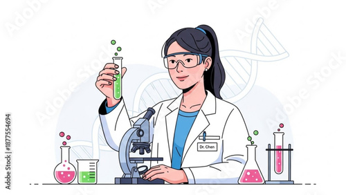 Female Scientist Examining Green Liquid in Laboratory with Microscope