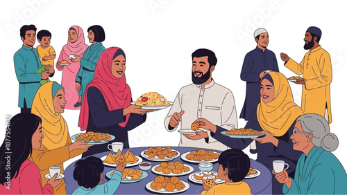 Diverse community gathering around a table filled with traditional dishes and beverages, sharing a meal together in a vibrant, festive atmosphere from a high viewpoint.